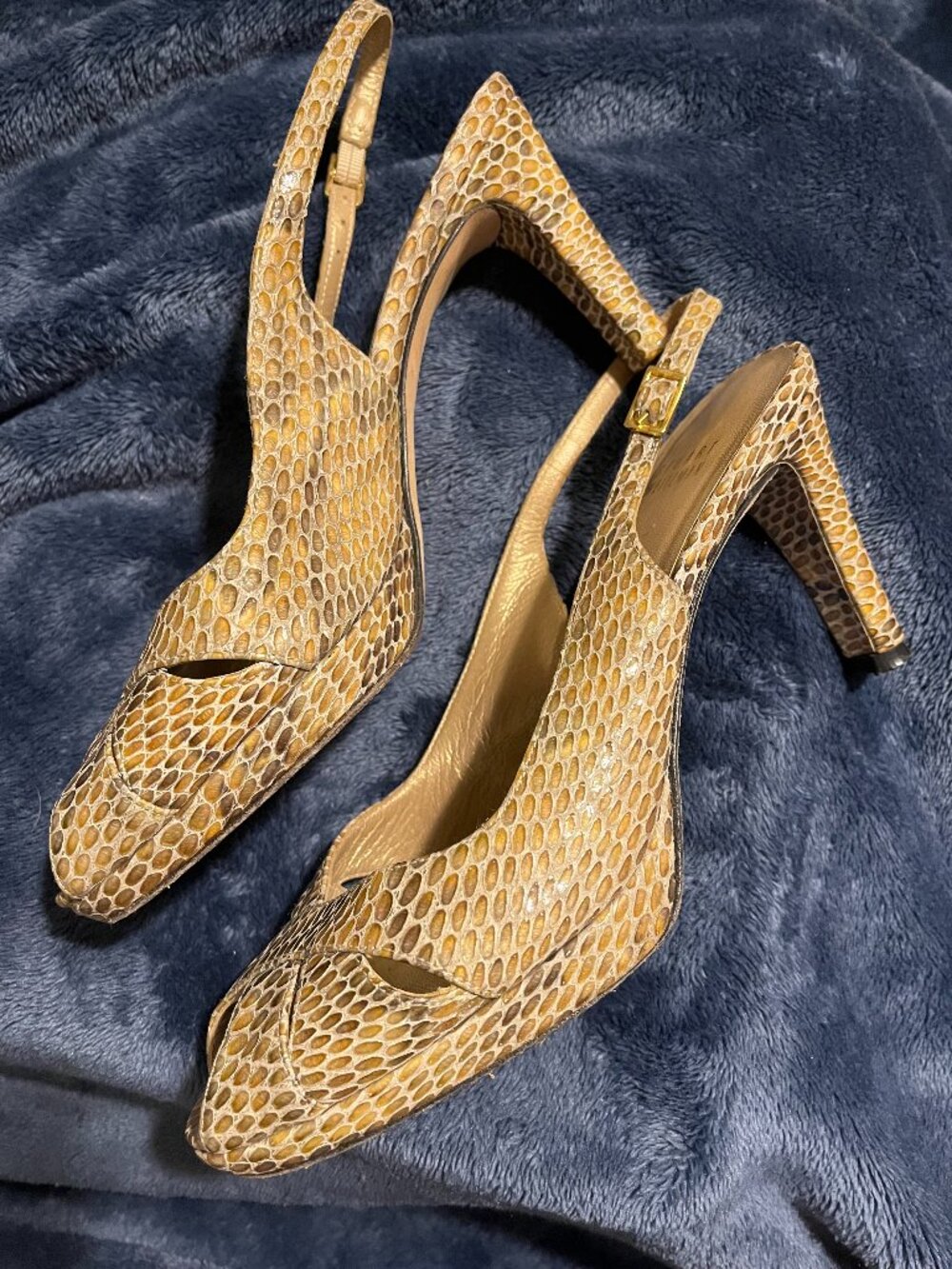 Stuart Weitzman leather snake print peek-a-boo sling back heel 7.5M